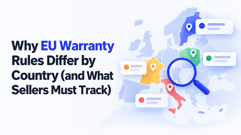 EU warranty rules by country shown on Europe map with location markers.