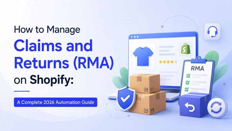 Shopify RMA guide banner featuring returns, claims, packages, and support icons