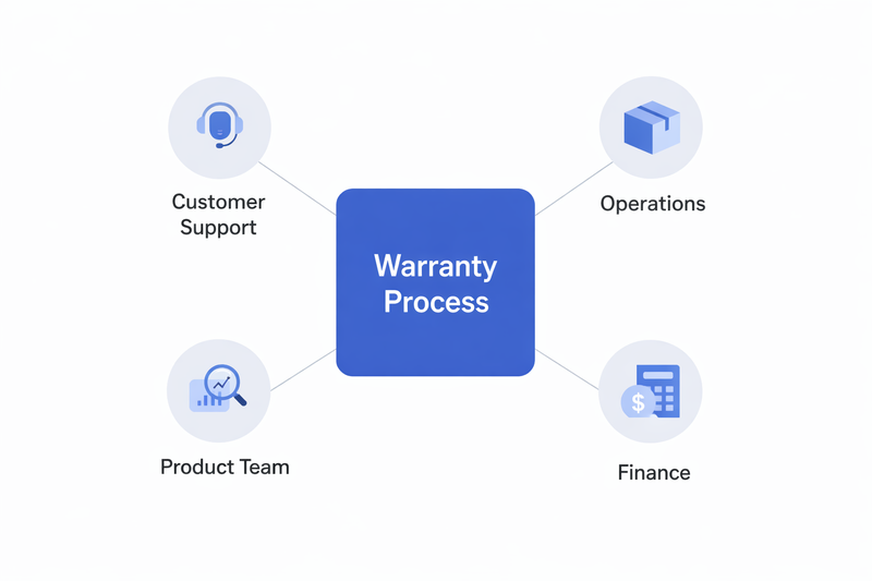 Warranty process connected with customer support, operations, product team, and finance
