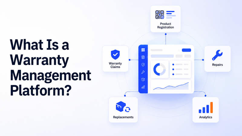 Dashboard illustration showing registration, claims, repairs, replacements, and analytics around platform.