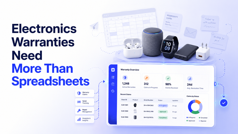 Manual warranty tasks contrasted with organized dashboard and electronics product cluster.