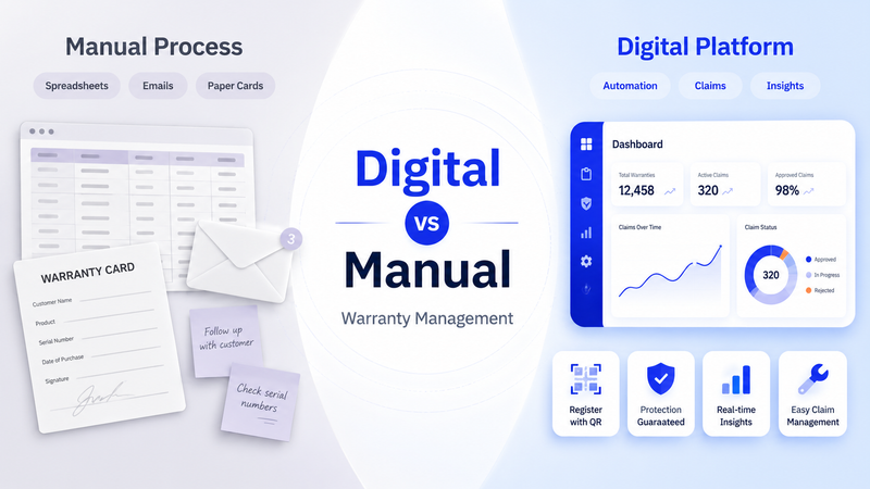 Split comparison showing manual warranty process versus digital warranty management platform dashboard.