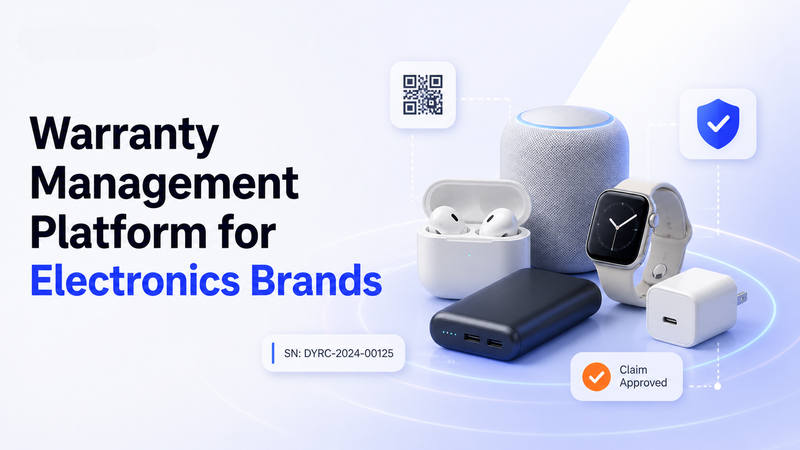 Electronics devices with warranty icons and bold headline "Warranty Management Platform for Consumer Electronics Brands"