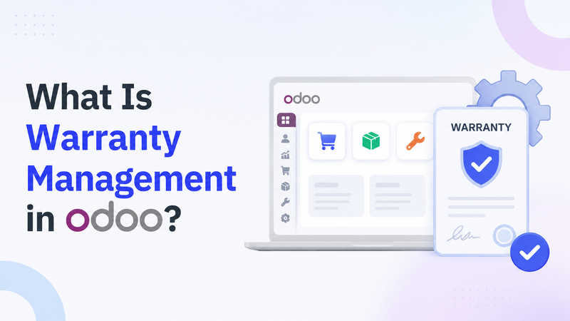 Odoo warranty management overview with laptop, warranty card, and icons