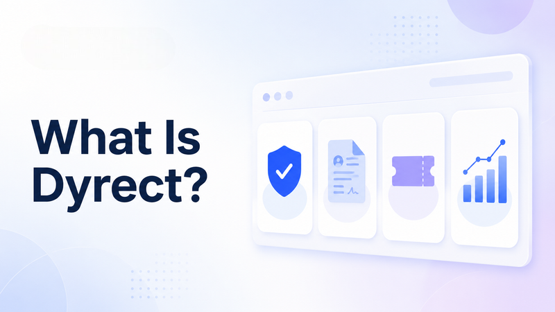 Dyrect warranty platform overview with registration, claims, and analytics icons