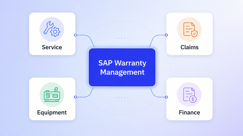 SAP Warranty Management overview linking service, equipment, claims, and finance modules