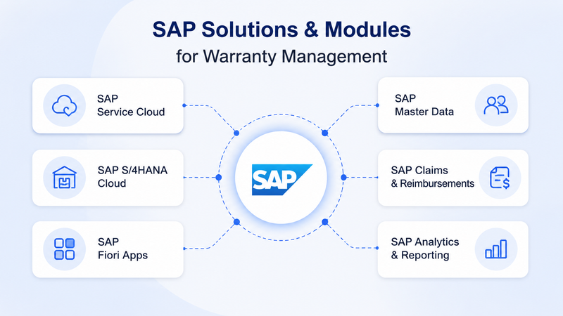 SAP warranty solutions diagram featuring Service Cloud, S/4HANA, Fiori, and analytics