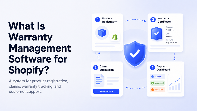 Warranty software lifecycle graphic with product registration, certificates, claims, dashboard