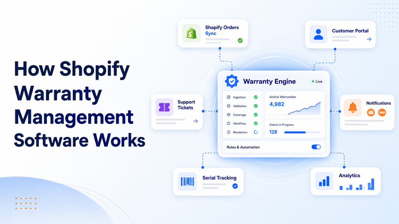 Shopify warranty engine dashboard connected to portals, notifications, analytics modules
