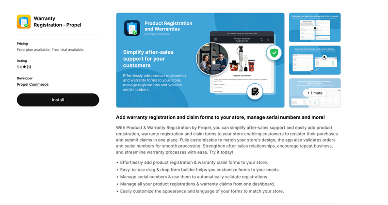 Propel warranty registration app listing with product forms and validation