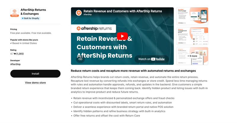 AfterShip Returns app listing highlighting automated returns and exchange management
