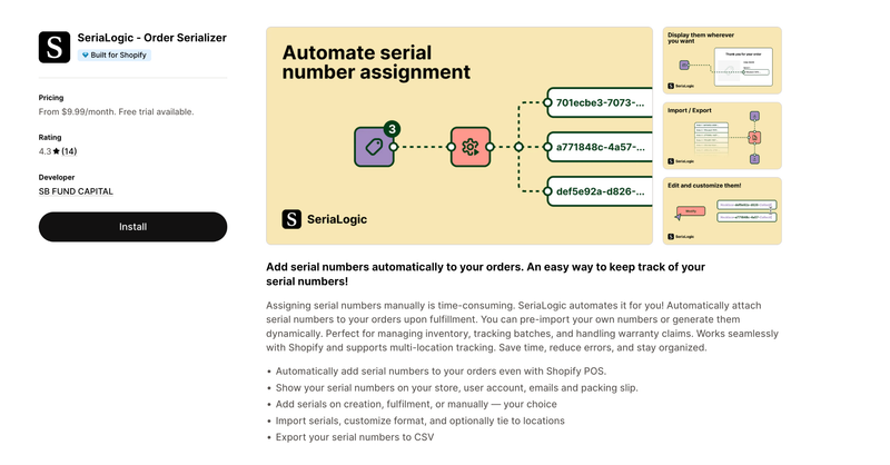 SeriaLogic app listing showing automated serial number assignment tools