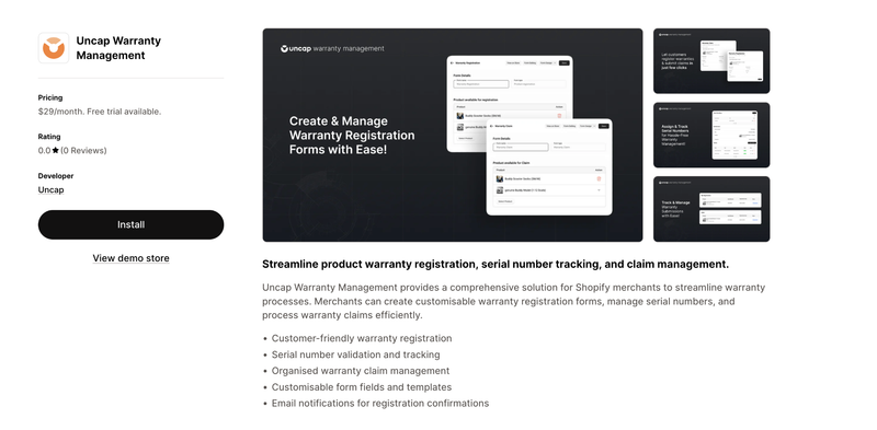 Uncap Warranty Management listing showing registration forms and claim tools