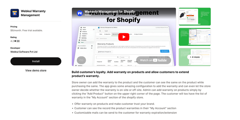 Webkul Warranty Management app listing showing Shopify warranty display features