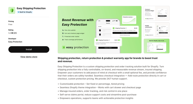 Easy Shipping Protection app listing featuring checkout protection widget