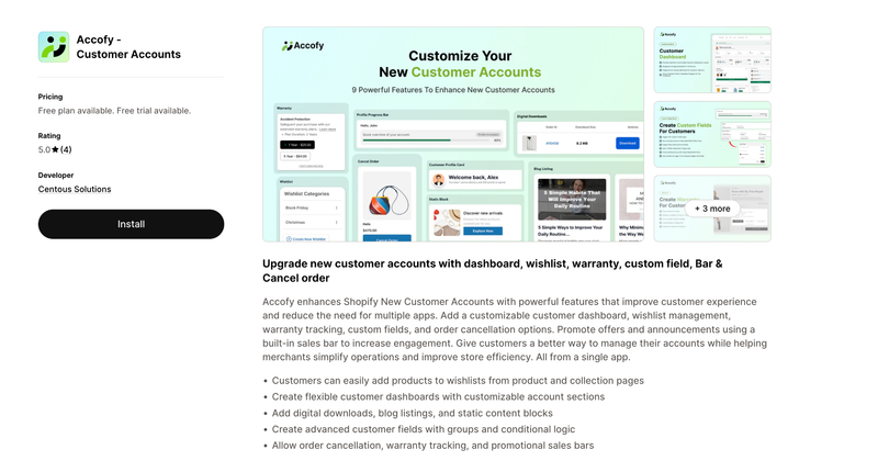 Accofy listing showing customer dashboard and warranty features