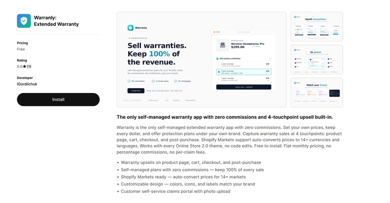 Warranly Extended Warranty listing for warranty upsells and revenue retention