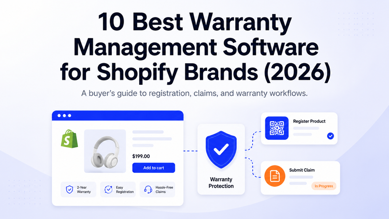 Shopify warranty management software guide hero with registration and claim cards