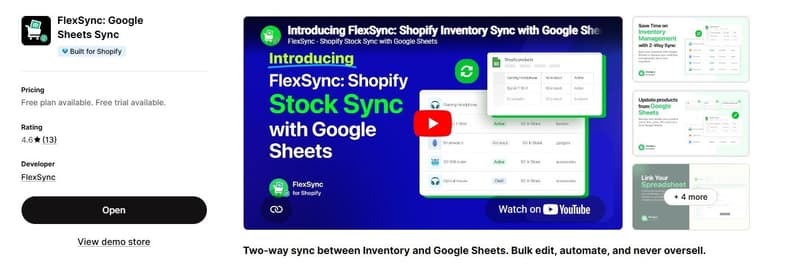 A screenshot of the FlexSync Shopify app listing page, highlighting its two-way stock synchronization features with Google Sheets and video overview.