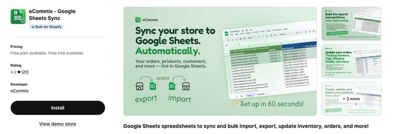 Shopify app listing page screenshot for eCommix - Google Sheets Sync, featuring promotional banners that highlight automatic store data syncing, export/import options, and a 60-second setup.