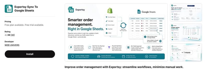 Shopify App Store listing screenshot for Exportsy Sync To Google Sheets, showing promotional graphics that detail automated, two-way order management and syncing features. 