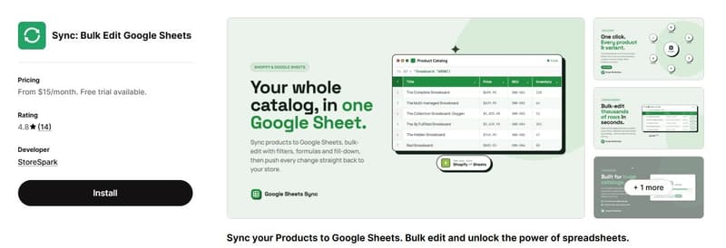 Shopify App Store listing screenshot for Sync: Bulk Edit Google Sheets, highlighting features for bulk editing product catalogs, syncing with formulas, and pushing updates back to the store.