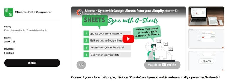 Shopify App Store listing screenshot for Sheets - Data Connector, showing a YouTube video thumbnail detailing cloud sync, bulk editing, and automated data management features.