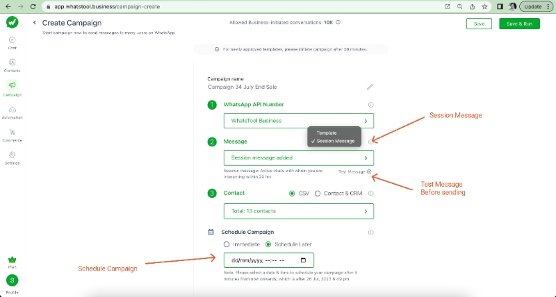 Campaign got more powerfull with Scheduling, Test message, Session Message ~ v 6.24 