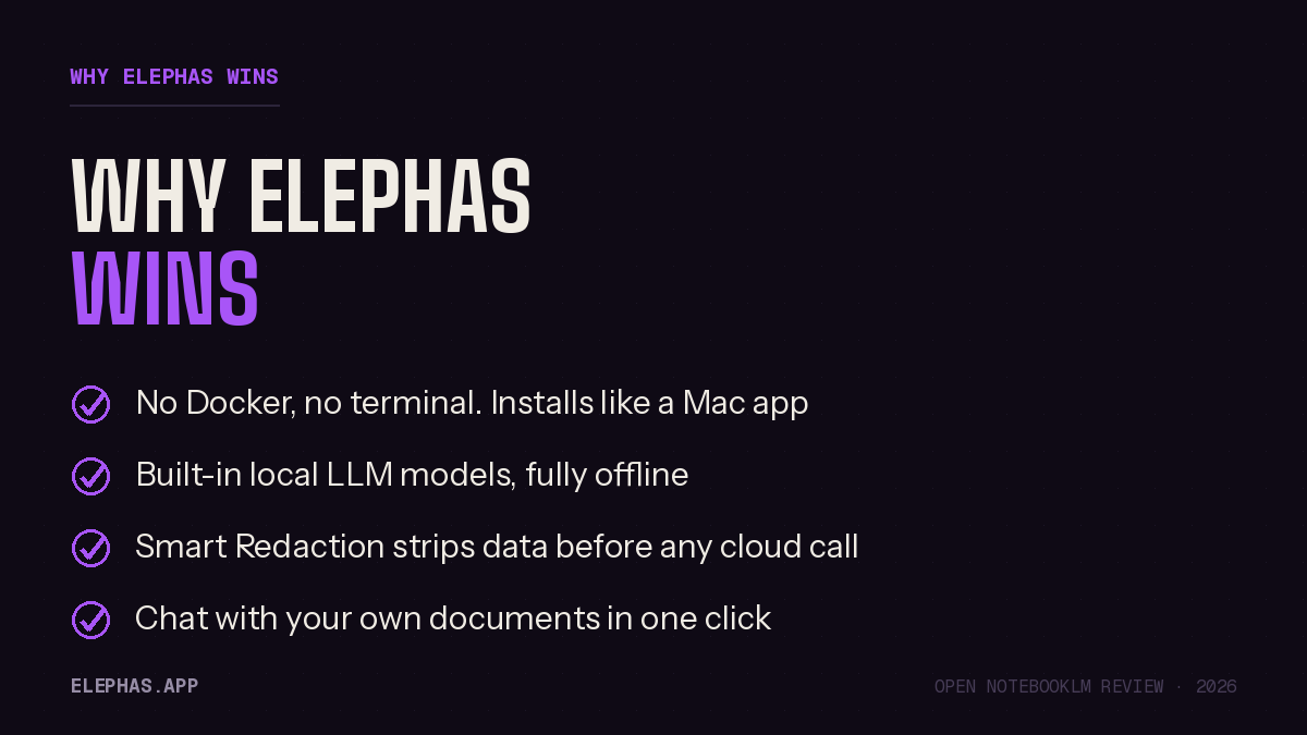 Why Elephas beats Open NotebookLM: no Docker, local models, Smart Redaction