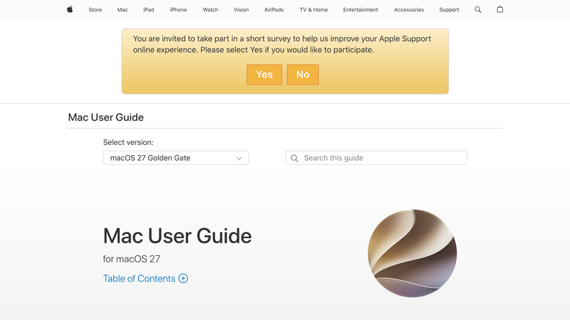 Mac User Guide page for the ChatGPT extension, set to macOS 27 Golden Gate
