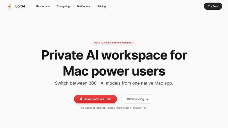 BoltAI homepage for the native Mac AI client