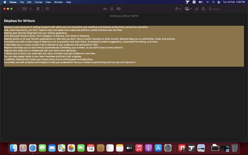 Boom! You can see a few more lines out there written by Elephas AI Writing Assistant