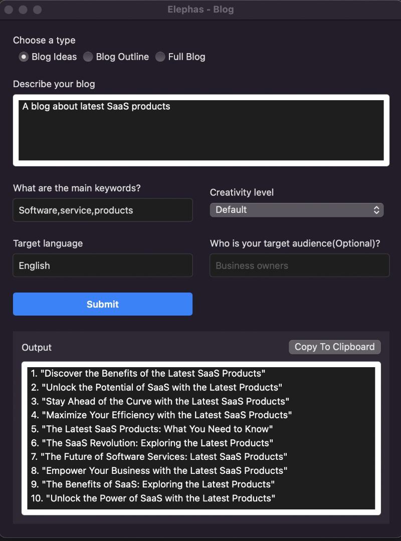 Elephas AI Writing Assistant generating blog ideas in the given niche