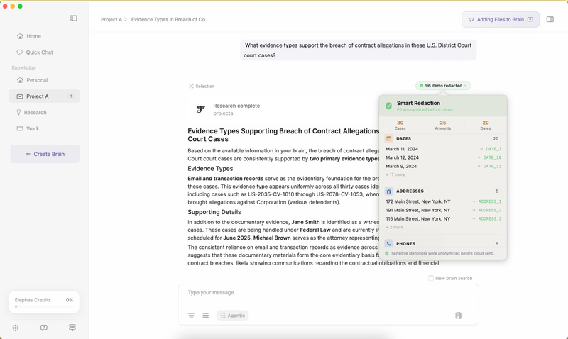 Smart Redaction shown in the Elephas app