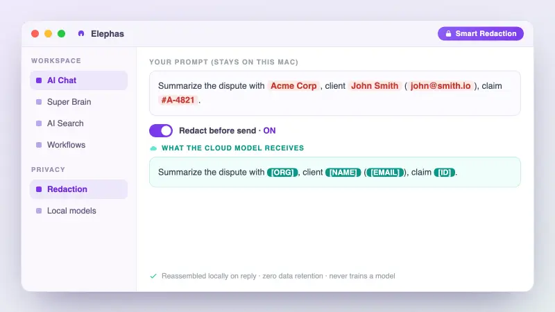 Elephas app with Redact before send switched on, showing the sanitized prompt the cloud model receives