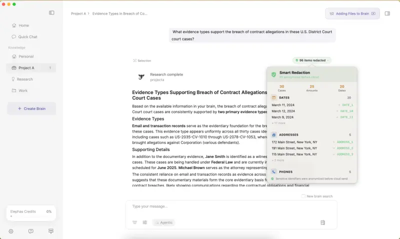 Elephas app showing Smart Redaction with 96 items anonymized before a cloud send