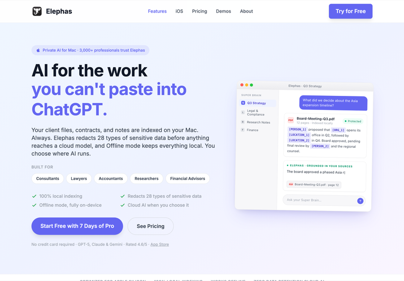 Elephas landing page: a private AI knowledge assistant for Mac that indexes your files on device and redacts sensitive data before anything reaches a cloud model