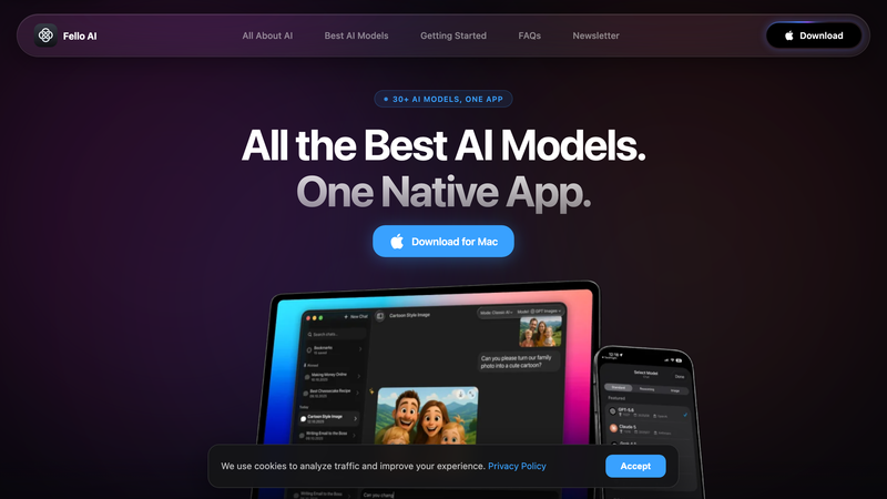 Fello AI website showing the Mac, iPhone and iPad AI chat app