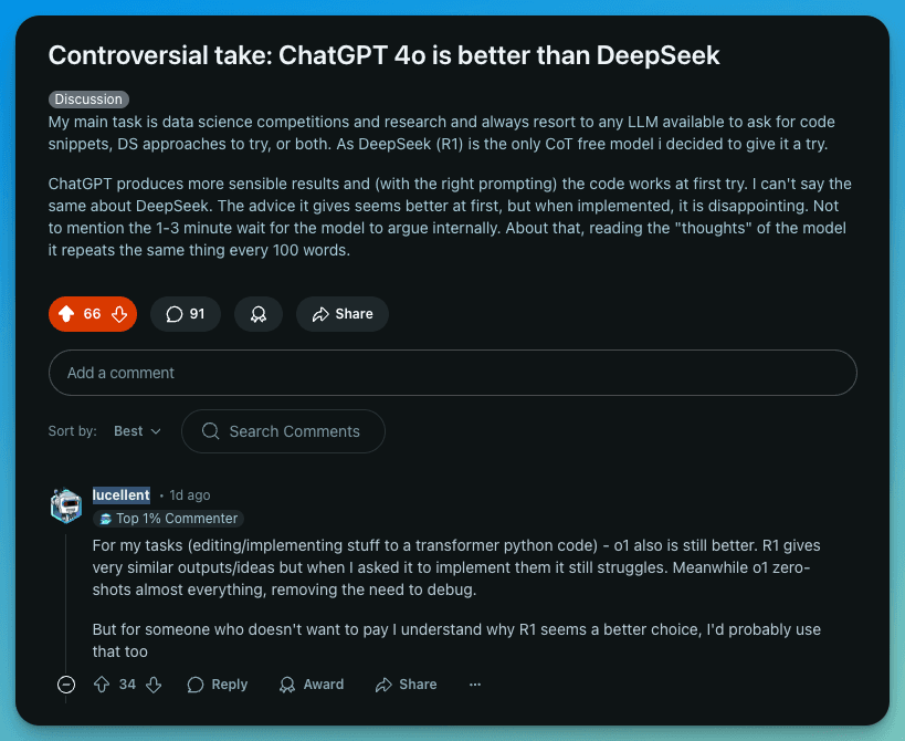 Redditors' Opinion on Deepseek vs ChatGPT