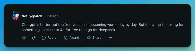 Redditors' Opinion on Deepseek vs ChatGPT