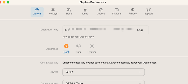 Adding API Keys in Elephas Preferences 