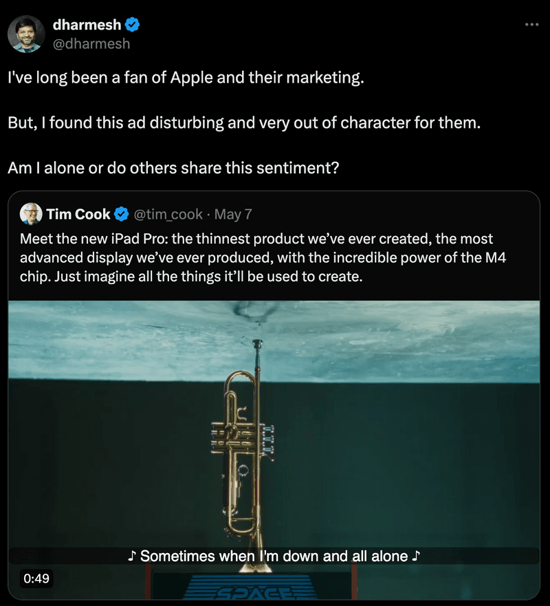 Hubspot Co founder reply to Apple Ad Crush