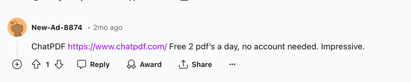Reddit Comments on best ai pdf to answers questions from pdf