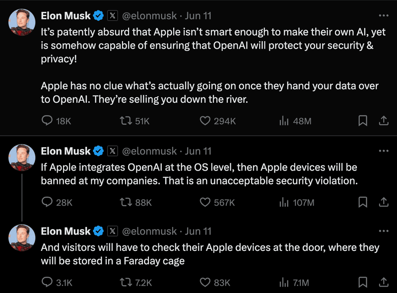 Elon Musk Tweets on Apple Intelligence Privacy 