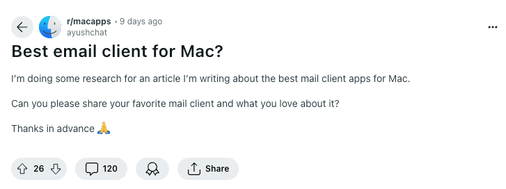Reddit Post on Best Email Client For Mac