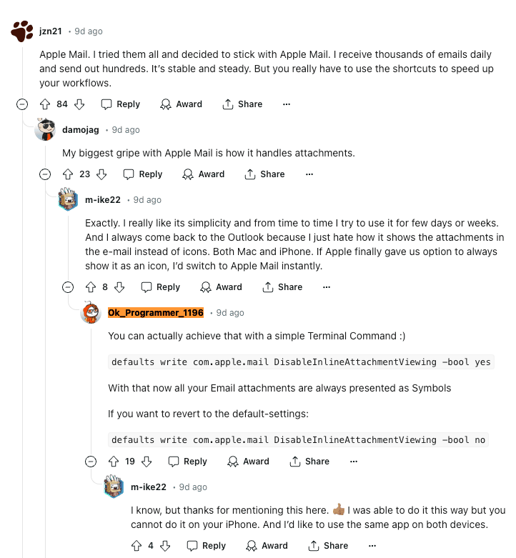 Redditors comments on Best Email Client For Mac