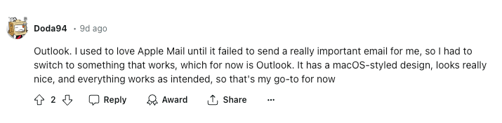 Redditors comments on Best Email Client For Mac