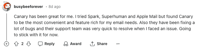 Redditors comments on Best Email Client For Mac