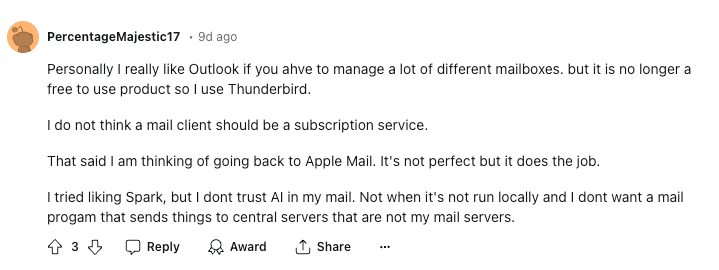 Redditors comments on Best Email Client For Mac
