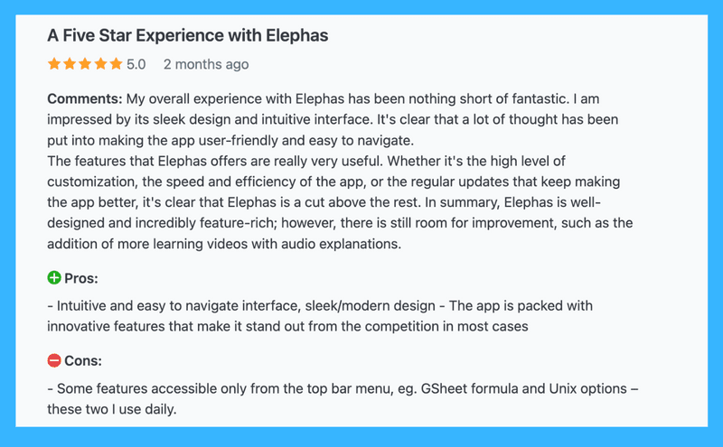 Elephas Customer Reviews